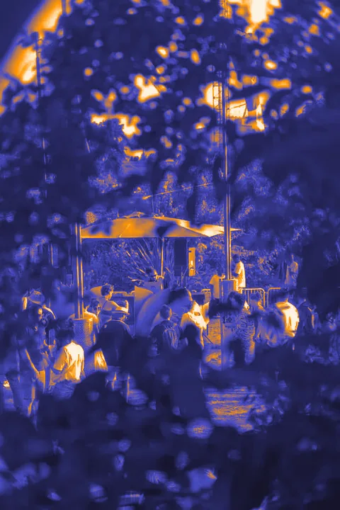 Le public devant la scène d’un open air, vu à travers le feuillage, en fin de journée.