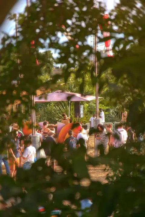Le public devant la scène d’un open air, vu à travers le feuillage, en fin de journée.